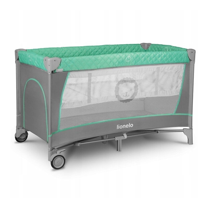 Patut pliant, Lionelo, Flower, Cu doua nivele, Cu arcada, Geanta transport, Masuta de infasat, Bara cu jucarii, Fereastra laterala, 120x60 cm, Conform cu standardele europeane de securitate EN 716 si EN12221, Turcoaz - gogobaby.ro