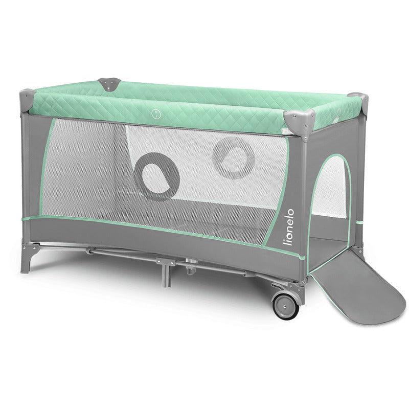 Patut pliant, Lionelo, Flower, Cu doua nivele, Cu arcada, Geanta transport, Masuta de infasat, Bara cu jucarii, Fereastra laterala, 120x60 cm, Conform cu standardele europeane de securitate EN 716 si EN12221, Turcoaz