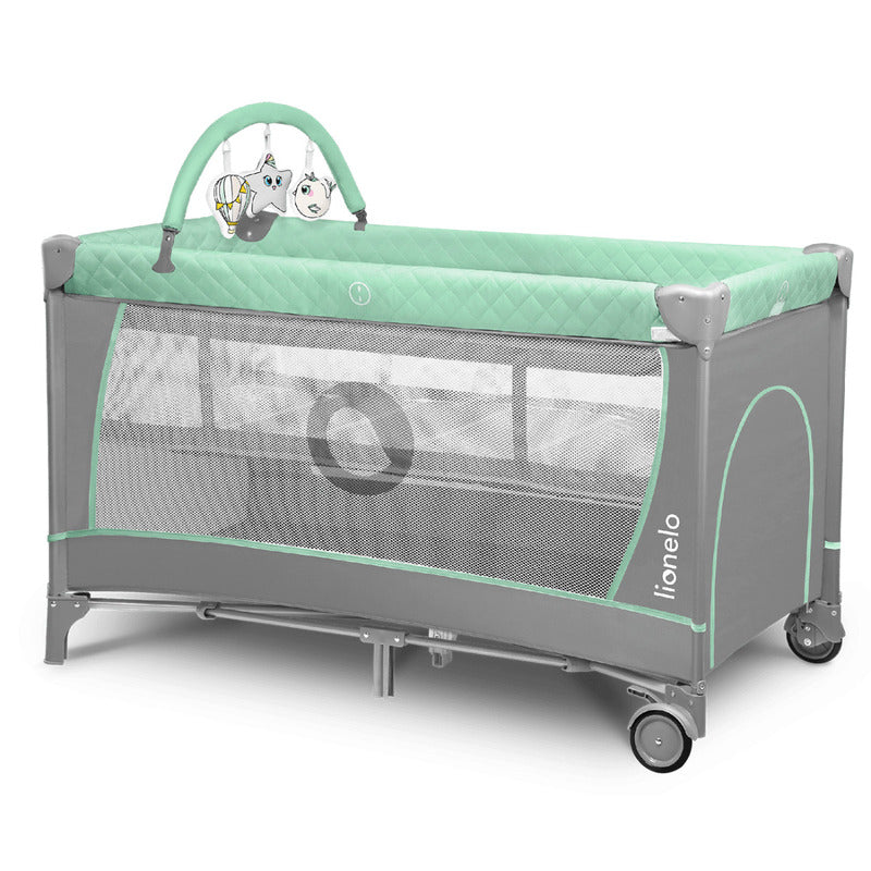 Patut pliant, Lionelo, Flower, Cu doua nivele, Cu arcada, Geanta transport, Masuta de infasat, Bara cu jucarii, Fereastra laterala, 120x60 cm, Conform cu standardele europeane de securitate EN 716 si EN12221, Turcoaz - gogobaby.ro