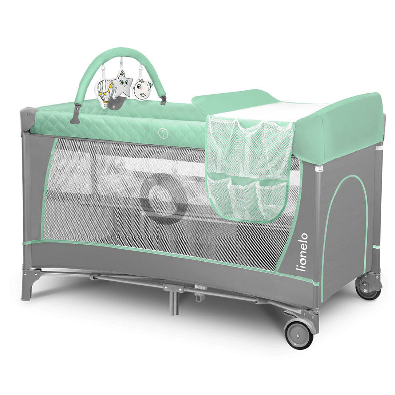 Patut pliant, Lionelo, Flower, Cu doua nivele, Cu arcada, Geanta transport, Masuta de infasat, Bara cu jucarii, Fereastra laterala, 120x60 cm, Conform cu standardele europeane de securitate EN 716 si EN12221, Turcoaz - gogobaby.ro