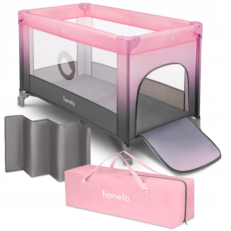 Patut pliant, Lionelo, Stefi, Cu un nivel, Cu intrare laterala cu fermoar, 2 roti, 120x60 cm, Conform cu standardul european de securitate EN 716, Roz Ombre - gogobaby.ro