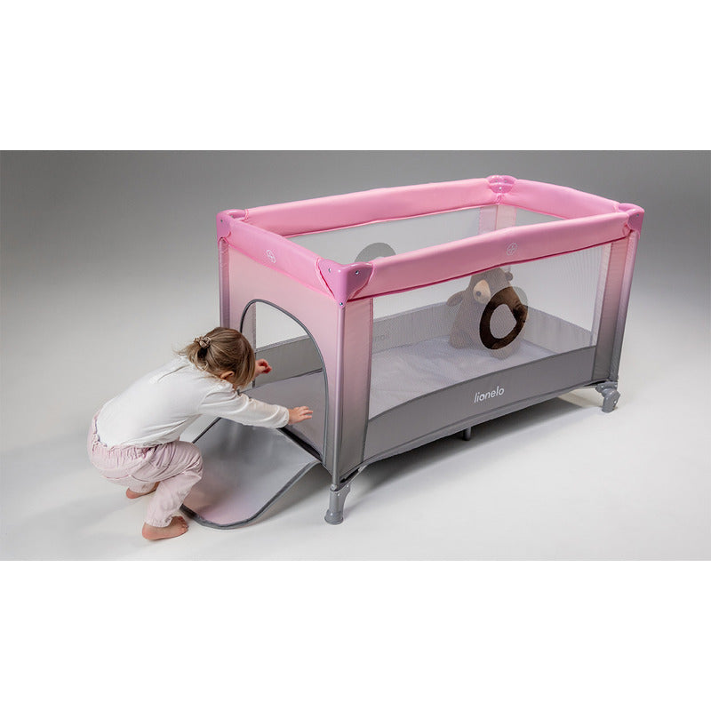 Patut pliant, Lionelo, Stefi, Cu un nivel, Cu intrare laterala cu fermoar, 2 roti, 120x60 cm, Conform cu standardul european de securitate EN 716, Roz Ombre - gogobaby.ro