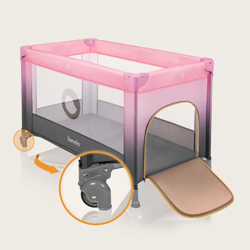 Patut pliant, Lionelo, Stefi, Cu un nivel, Cu intrare laterala cu fermoar, 2 roti, 120x60 cm, Conform cu standardul european de securitate EN 716, Roz Ombre - gogobaby.ro