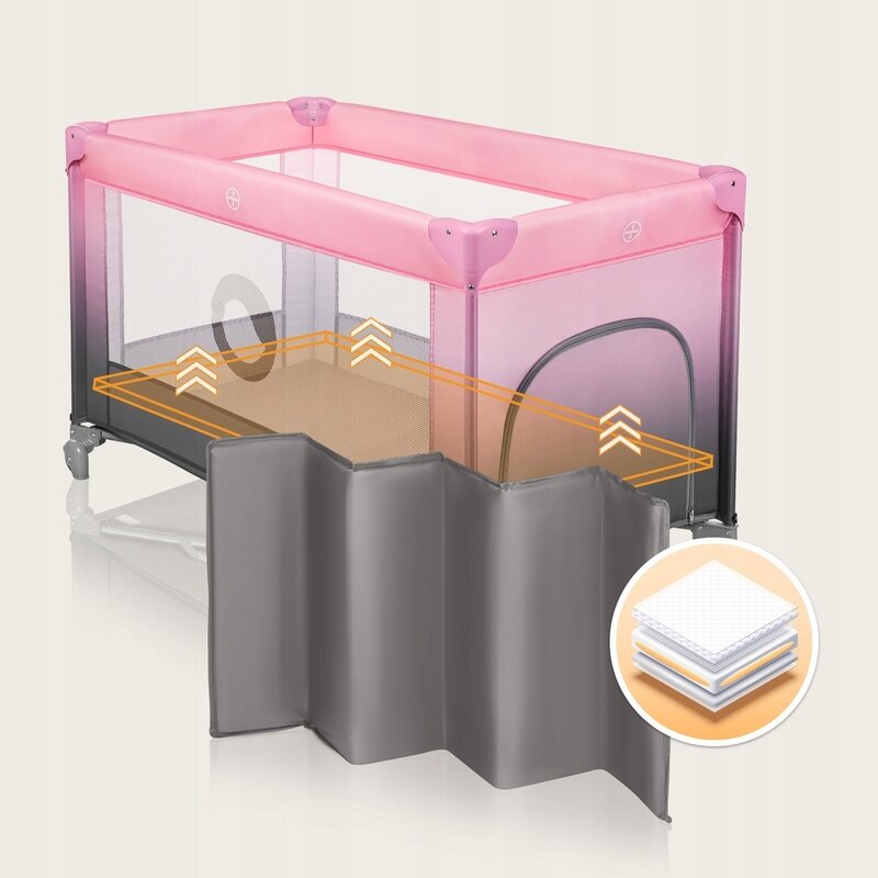 Patut pliant, Lionelo, Stefi, Cu un nivel, Cu intrare laterala cu fermoar, 2 roti, 120x60 cm, Conform cu standardul european de securitate EN 716, Roz Ombre - gogobaby.ro