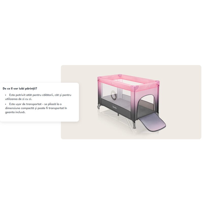 Patut pliant, Lionelo, Stefi, Cu un nivel, Cu intrare laterala cu fermoar, 2 roti, 120x60 cm, Conform cu standardul european de securitate EN 716, Roz Ombre - gogobaby.ro