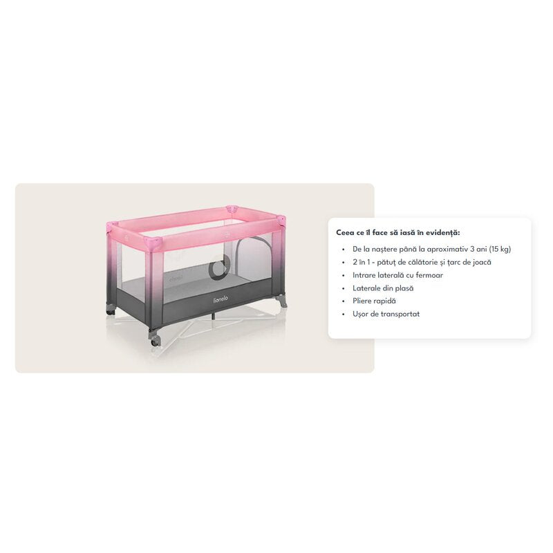 Patut pliant, Lionelo, Stefi, Cu un nivel, Cu intrare laterala cu fermoar, 2 roti, 120x60 cm, Conform cu standardul european de securitate EN 716, Roz Ombre - gogobaby.ro