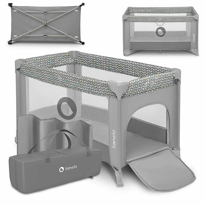 Patut pliant, Lionelo, Stefi, Cu un nivel, Cu intrare laterala cu fermoar, 2 roti, 120x60 cm, Conform cu standardul european de securitate EN 716, Grey