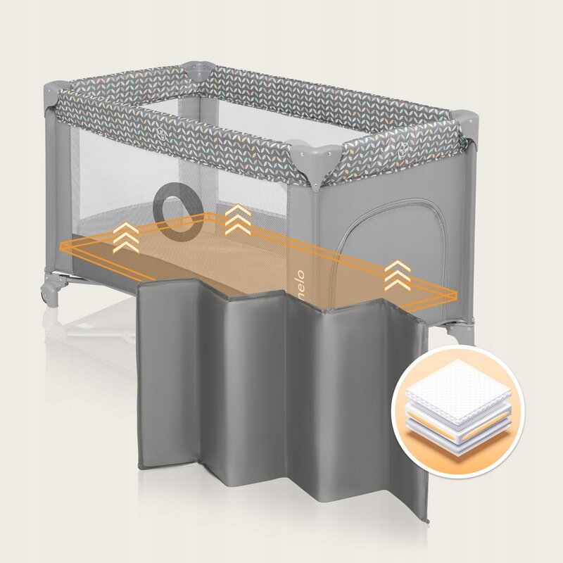 Patut pliant, Lionelo, Stefi, Cu un nivel, Cu intrare laterala cu fermoar, 2 roti, 120x60 cm, Conform cu standardul european de securitate EN 716, Grey