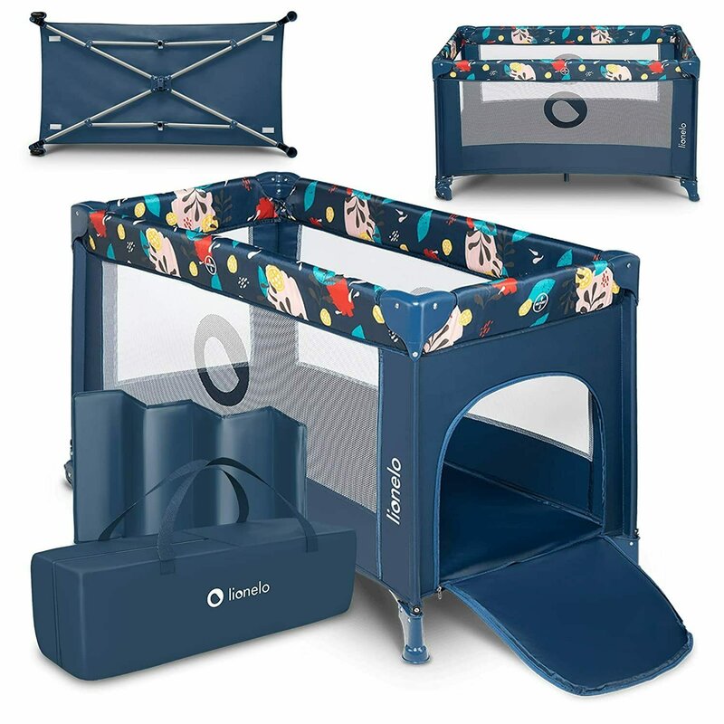 Patut pliant, Lionelo, Stefi, Cu un nivel, Cu intrare laterala cu fermoar, 2 roti, 120x60 cm, Conform cu standardul european de securitate EN 716, Blue Navy - gogobaby.ro