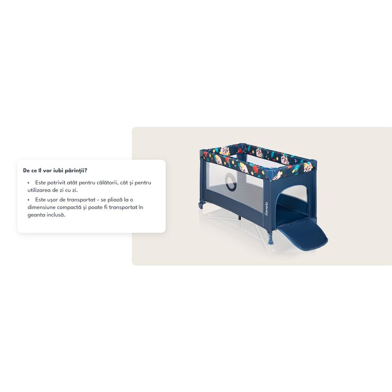 Patut pliant, Lionelo, Stefi, Cu un nivel, Cu intrare laterala cu fermoar, 2 roti, 120x60 cm, Conform cu standardul european de securitate EN 716, Blue Navy - gogobaby.ro