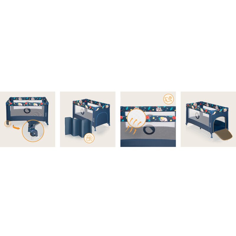 Patut pliant, Lionelo, Stefi, Cu un nivel, Cu intrare laterala cu fermoar, 2 roti, 120x60 cm, Conform cu standardul european de securitate EN 716, Blue Navy - gogobaby.ro