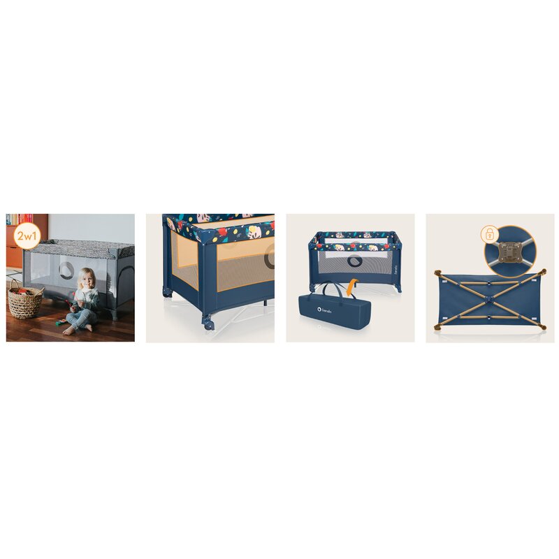 Patut pliant, Lionelo, Stefi, Cu un nivel, Cu intrare laterala cu fermoar, 2 roti, 120x60 cm, Conform cu standardul european de securitate EN 716, Blue Navy - gogobaby.ro