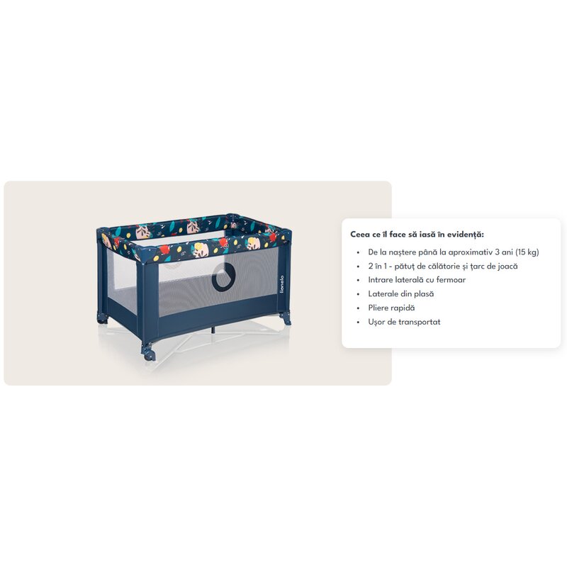 Patut pliant, Lionelo, Stefi, Cu un nivel, Cu intrare laterala cu fermoar, 2 roti, 120x60 cm, Conform cu standardul european de securitate EN 716, Blue Navy - gogobaby.ro