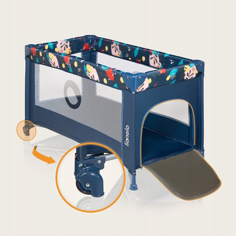 Patut pliant, Lionelo, Stefi, Cu un nivel, Cu intrare laterala cu fermoar, 2 roti, 120x60 cm, Conform cu standardul european de securitate EN 716, Blue Navy - gogobaby.ro