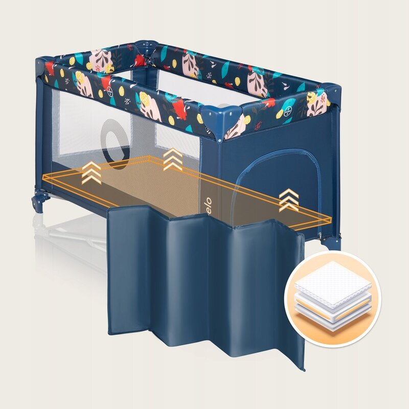 Patut pliant, Lionelo, Stefi, Cu un nivel, Cu intrare laterala cu fermoar, 2 roti, 120x60 cm, Conform cu standardul european de securitate EN 716, Blue Navy - gogobaby.ro