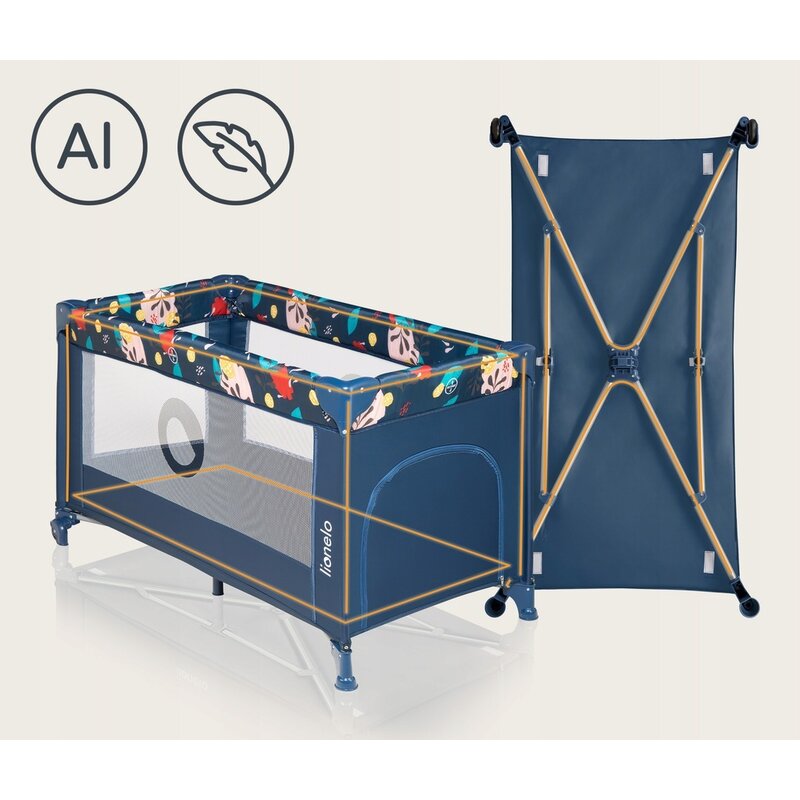 Patut pliant, Lionelo, Stefi, Cu un nivel, Cu intrare laterala cu fermoar, 2 roti, 120x60 cm, Conform cu standardul european de securitate EN 716, Blue Navy - gogobaby.ro