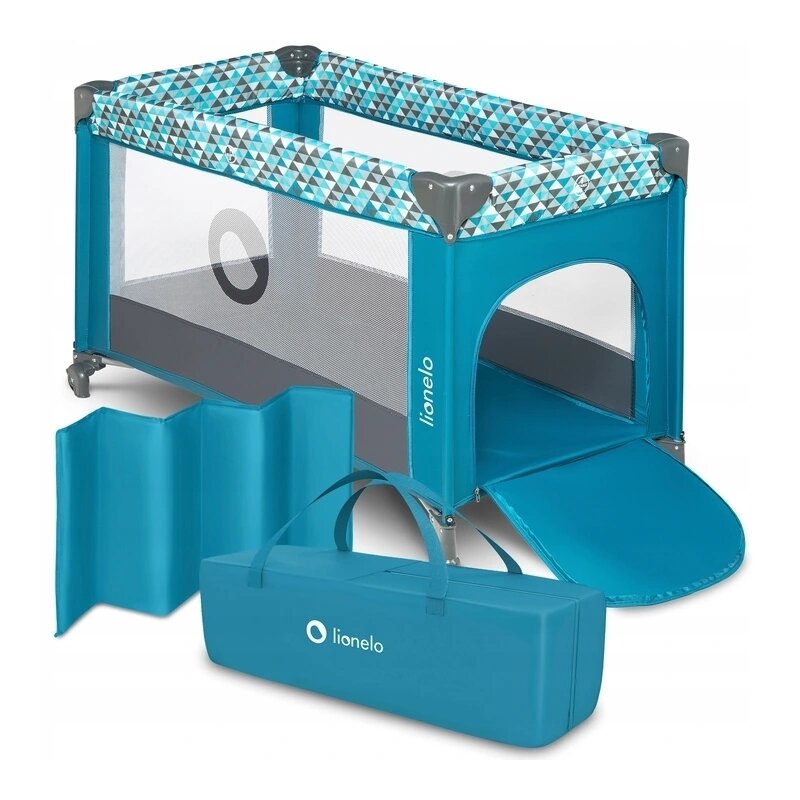 Patut pliant, Lionelo, Stefi, Cu un nivel, Cu intrare laterala cu fermoar, 2 roti, 120x60 cm, Conform cu standardul european de securitate EN 716, Turquoise - gogobaby.ro