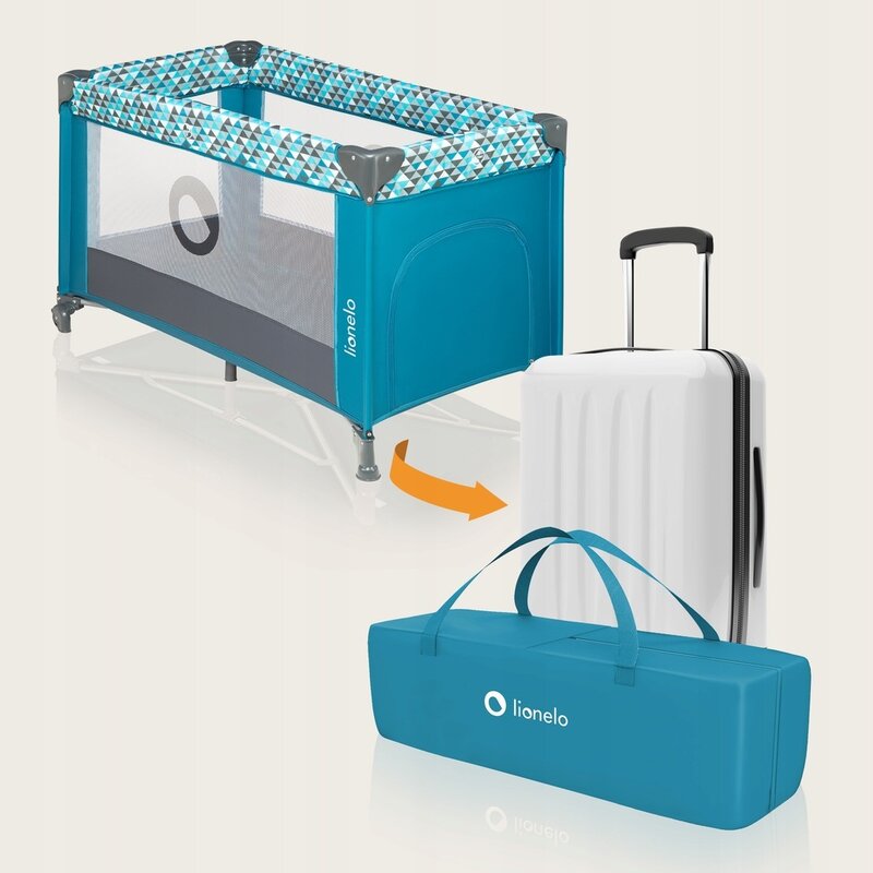 Patut pliant, Lionelo, Stefi, Cu un nivel, Cu intrare laterala cu fermoar, 2 roti, 120x60 cm, Conform cu standardul european de securitate EN 716, Turquoise - gogobaby.ro