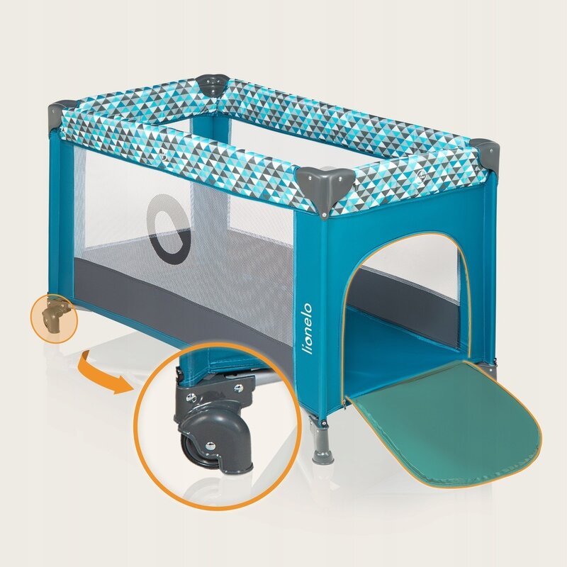 Patut pliant, Lionelo, Stefi, Cu un nivel, Cu intrare laterala cu fermoar, 2 roti, 120x60 cm, Conform cu standardul european de securitate EN 716, Turquoise - gogobaby.ro