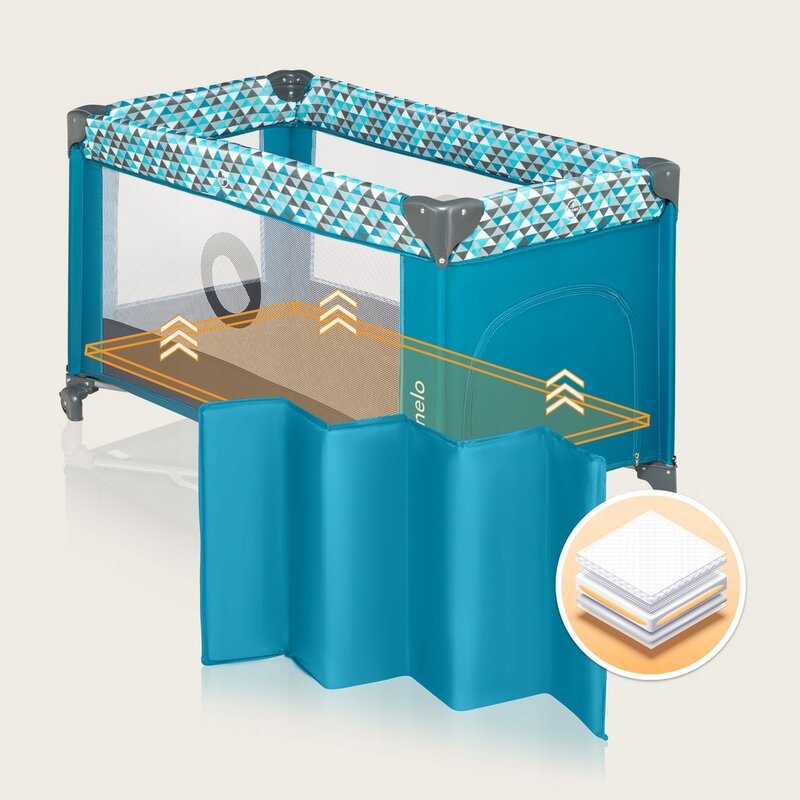 Patut pliant, Lionelo, Stefi, Cu un nivel, Cu intrare laterala cu fermoar, 2 roti, 120x60 cm, Conform cu standardul european de securitate EN 716, Turquoise - gogobaby.ro
