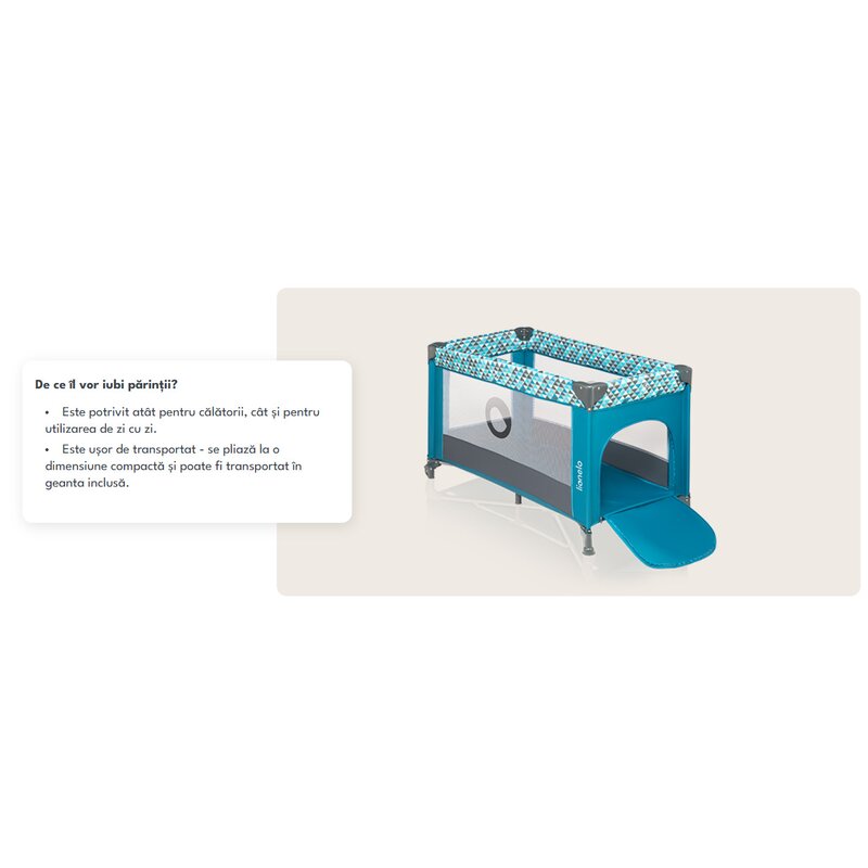 Patut pliant, Lionelo, Stefi, Cu un nivel, Cu intrare laterala cu fermoar, 2 roti, 120x60 cm, Conform cu standardul european de securitate EN 716, Turquoise