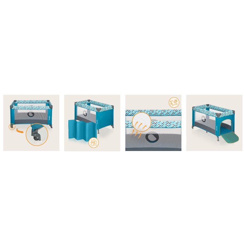 Patut pliant, Lionelo, Stefi, Cu un nivel, Cu intrare laterala cu fermoar, 2 roti, 120x60 cm, Conform cu standardul european de securitate EN 716, Turquoise - gogobaby.ro