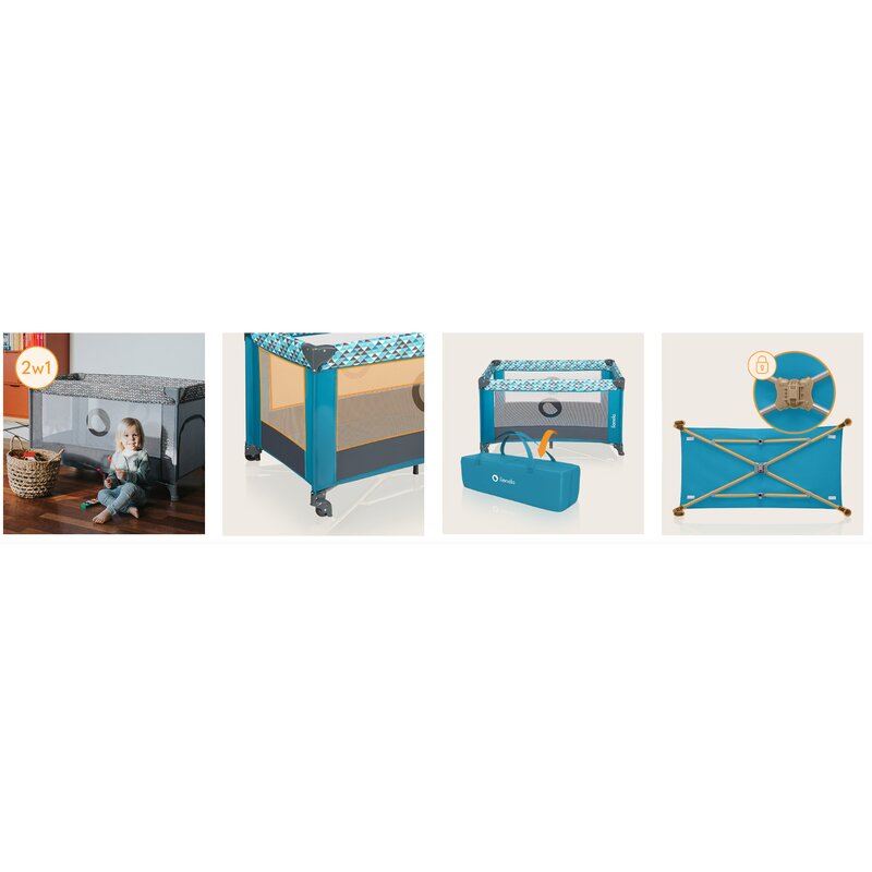 Patut pliant, Lionelo, Stefi, Cu un nivel, Cu intrare laterala cu fermoar, 2 roti, 120x60 cm, Conform cu standardul european de securitate EN 716, Turquoise - gogobaby.ro