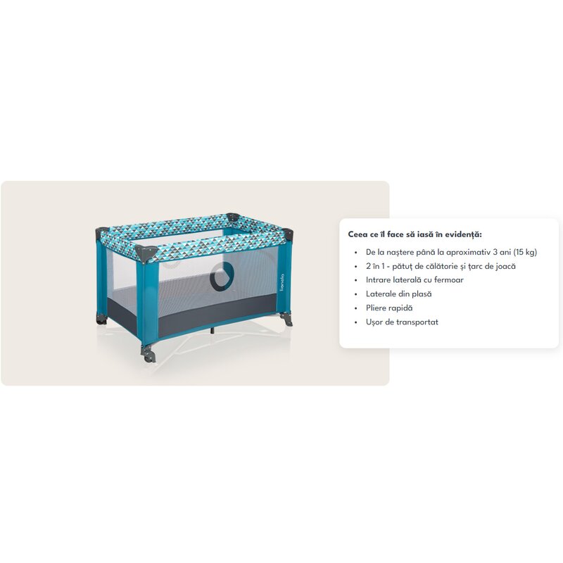 Patut pliant, Lionelo, Stefi, Cu un nivel, Cu intrare laterala cu fermoar, 2 roti, 120x60 cm, Conform cu standardul european de securitate EN 716, Turquoise