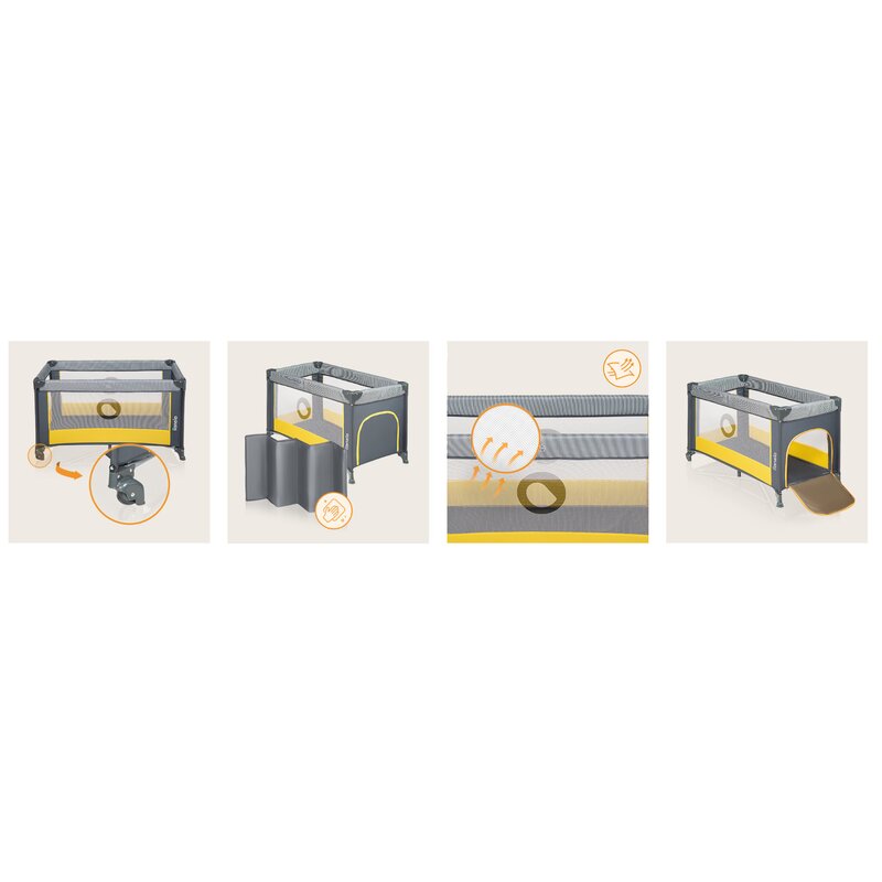 Patut pliant, Lionelo, Stefi, Cu un nivel, Cu intrare laterala cu fermoar, 2 roti, 120x60 cm, Conform cu standardul european de securitate EN 716, Yellow Lemon