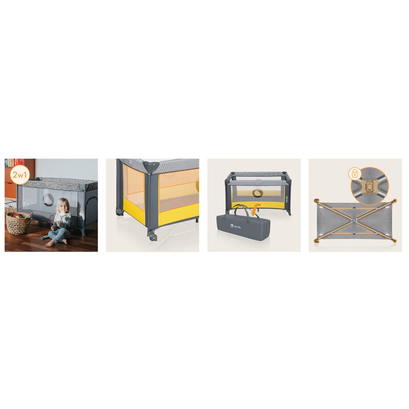 Patut pliant, Lionelo, Stefi, Cu un nivel, Cu intrare laterala cu fermoar, 2 roti, 120x60 cm, Conform cu standardul european de securitate EN 716, Yellow Lemon