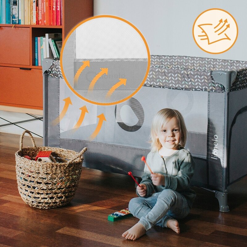 Patut pliant, Lionelo, Stefi, Cu un nivel, Cu intrare laterala cu fermoar, 2 roti, 120x60 cm, Conform cu standardul european de securitate EN 716, Yellow Lemon - gogobaby.ro