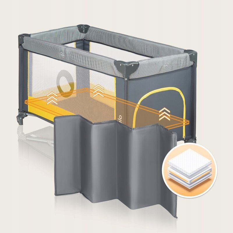Patut pliant, Lionelo, Stefi, Cu un nivel, Cu intrare laterala cu fermoar, 2 roti, 120x60 cm, Conform cu standardul european de securitate EN 716, Yellow Lemon - gogobaby.ro