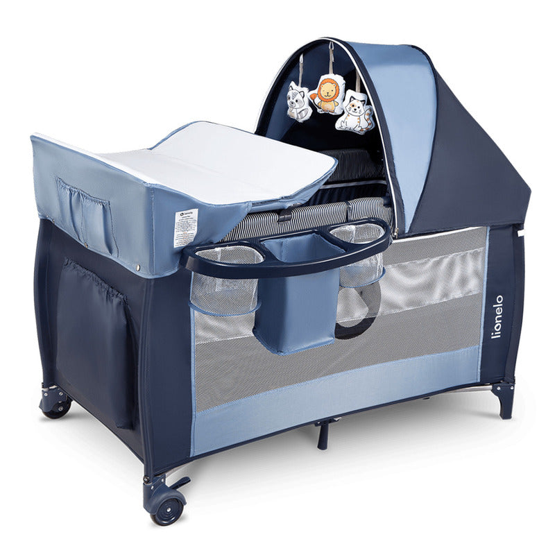 Patut pliant, Lionelo, Sven Plus, 120x60 cm, Cu doua nivele, Cu arcada jucarii, masuta de infasat, vibratii, melodii, conform cu standardele europeane de securitate EN716 si EN12221, Blue Navy - gogobaby.ro