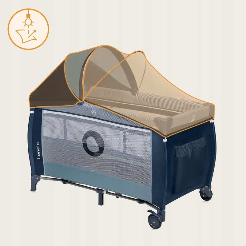 Patut pliant, Lionelo, Sven Plus, 120x60 cm, Cu doua nivele, Cu arcada jucarii, masuta de infasat, vibratii, melodii, conform cu standardele europeane de securitate EN716 si EN12221, Blue Navy