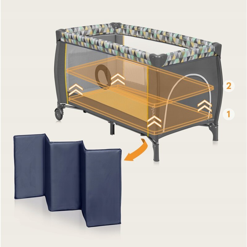 Patut pliant, Lionelo, Sven Plus, 120x60 cm, Cu doua nivele, Cu arcada jucarii, masuta de infasat, vibratii, melodii, conform cu standardele europeane de securitate EN716 si EN12221, Blue Navy