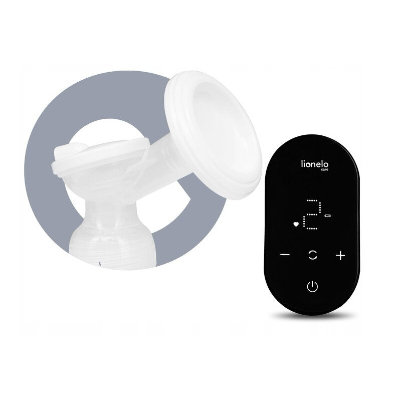 Pompa dubla de san, Lionelo, Electrica, Cu 9 nivele de aspiratie, 5 moduri de masaj, Afisaj LED, Imita suptul natural al copilului, Functionare pana la 90 min, Silentioasa, Fara BPA, Include 2 recipiente de 150 ml si 2 pungi, Cablu USB, Husa, Alb/Gri - gogobaby.ro