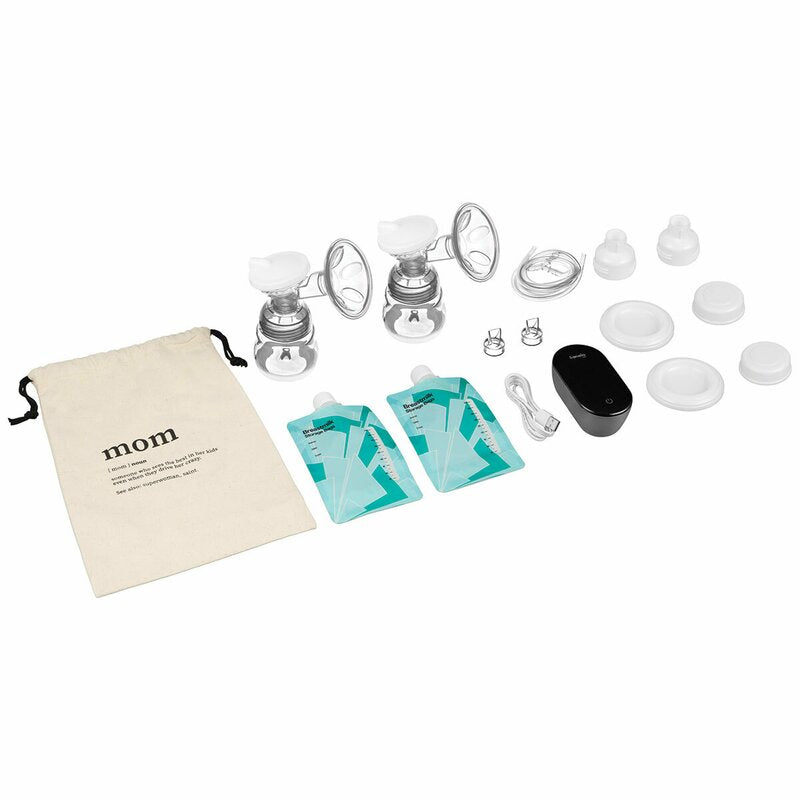 Pompa dubla de san, Lionelo, Electrica, Cu 9 nivele de aspiratie, 5 moduri de masaj, Afisaj LED, Imita suptul natural al copilului, Functionare pana la 90 min, Silentioasa, Fara BPA, Include 2 recipiente de 150 ml si 2 pungi, Cablu USB, Husa, Alb/Gri