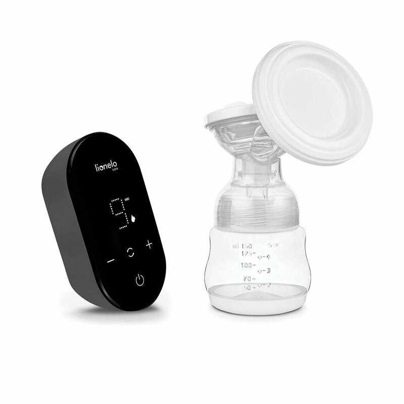 Pompa dubla de san, Lionelo, Electrica, Cu 9 nivele de aspiratie, 5 moduri de masaj, Afisaj LED, Imita suptul natural al copilului, Functionare pana la 90 min, Silentioasa, Fara BPA, Include 2 recipiente de 150 ml si 2 pungi, Cablu USB, Husa, Alb/Gri - gogobaby.ro