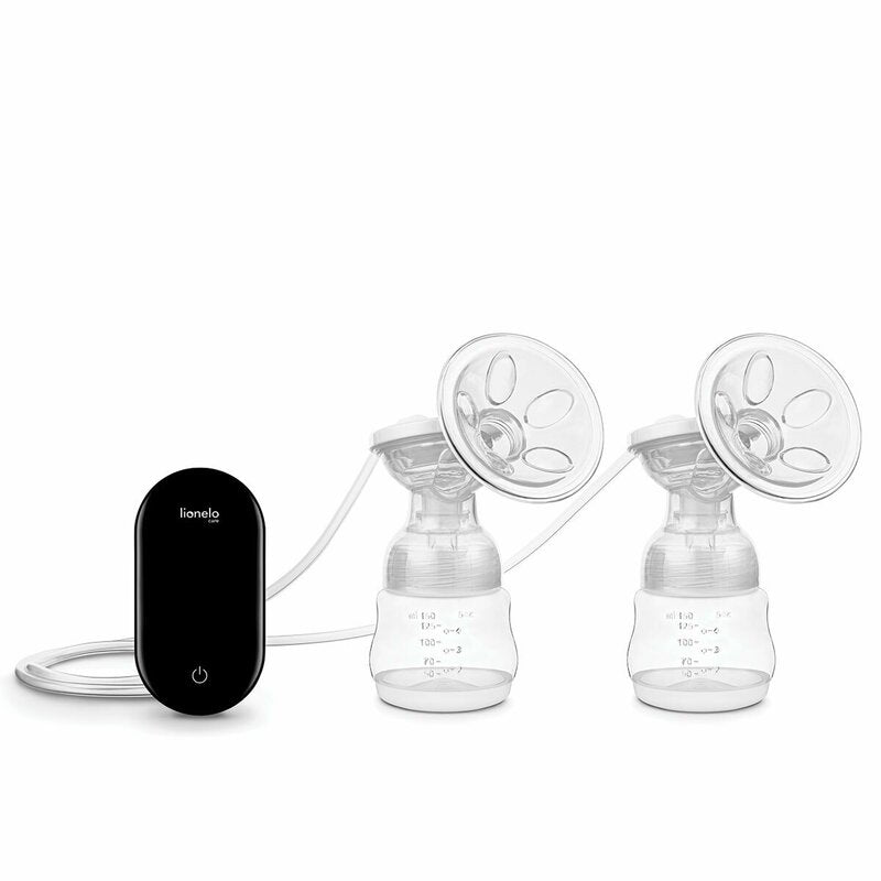 Pompa dubla de san, Lionelo, Electrica, Cu 9 nivele de aspiratie, 5 moduri de masaj, Afisaj LED, Imita suptul natural al copilului, Functionare pana la 90 min, Silentioasa, Fara BPA, Include 2 recipiente de 150 ml si 2 pungi, Cablu USB, Husa, Alb/Gri - gogobaby.ro