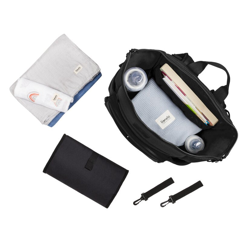 Rucsac impermeabil pentru mamici, Lionelo, Cube, Cu 12 compartimente si salteluta de schimbat, Cu prindere universala de carucior, 36 x 36 x 23 cm, Negru