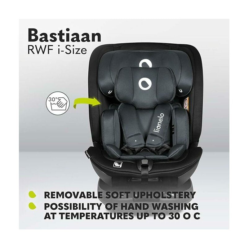 Scaun auto, Lionelo, Bastiaan RWF i-Size, Pozitie de somn, Protectie laterala, Rotire 360 grade, 0-36 Kg, Cu Isofix si Centura Top Tether, Conform cu standardul european de securitate ECE R129, Gri