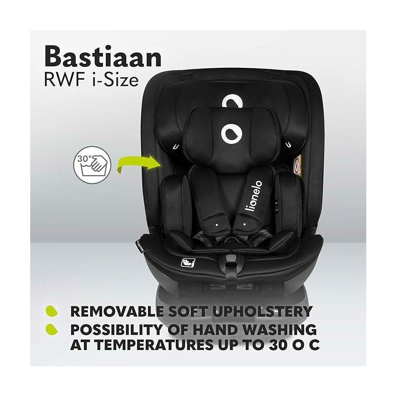 Scaun auto, Lionelo, Bastiaan RWF i-Size, Pozitie de somn, Protectie laterala, Rotire 360 grade, 0-36 Kg, Cu Isofix si Centura Top Tether, Conform cu standardul european de securitate ECE R129, Negru - gogobaby.ro
