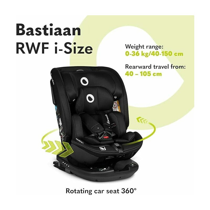 Scaun auto, Lionelo, Bastiaan RWF i-Size, Pozitie de somn, Protectie laterala, Rotire 360 grade, 0-36 Kg, Cu Isofix si Centura Top Tether, Conform cu standardul european de securitate ECE R129, Negru - gogobaby.ro