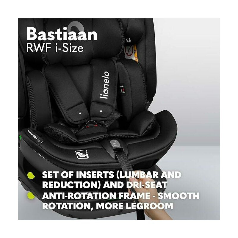 Scaun auto, Lionelo, Bastiaan RWF i-Size, Pozitie de somn, Protectie laterala, Rotire 360 grade, 0-36 Kg, Cu Isofix si Centura Top Tether, Conform cu standardul european de securitate ECE R129, Negru - gogobaby.ro