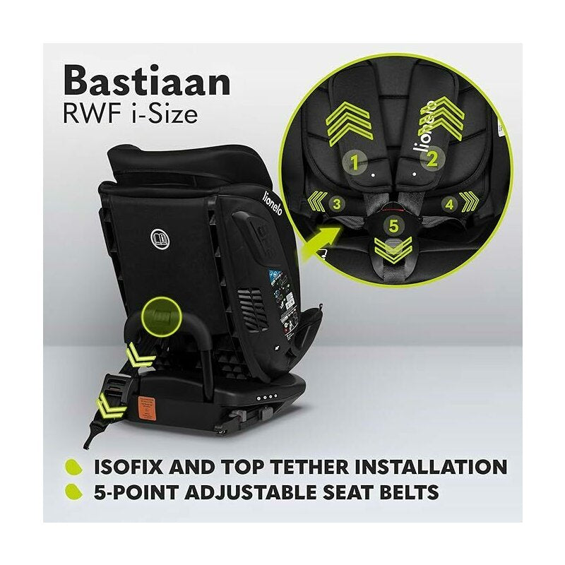Scaun auto, Lionelo, Bastiaan RWF i-Size, Pozitie de somn, Protectie laterala, Rotire 360 grade, 0-36 Kg, Cu Isofix si Centura Top Tether, Conform cu standardul european de securitate ECE R129, Negru - gogobaby.ro