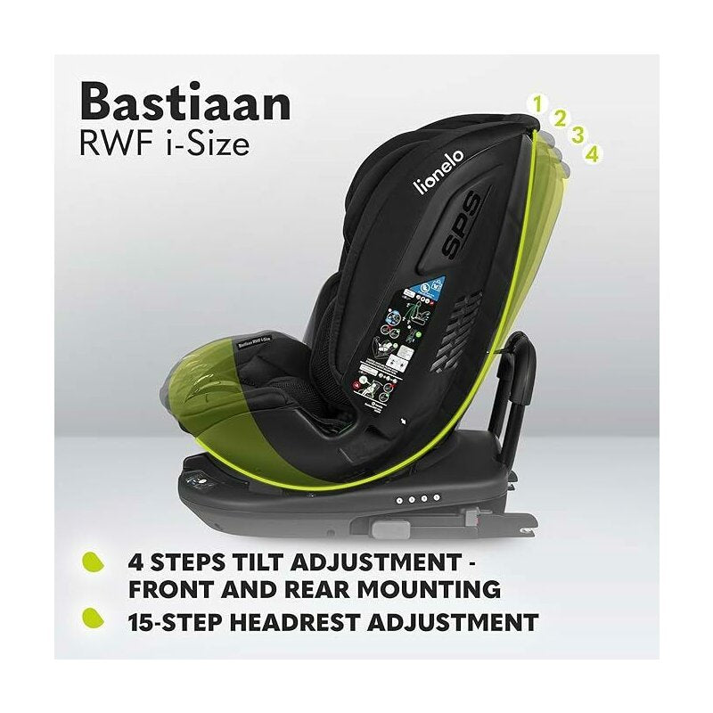 Scaun auto, Lionelo, Bastiaan RWF i-Size, Pozitie de somn, Protectie laterala, Rotire 360 grade, 0-36 Kg, Cu Isofix si Centura Top Tether, Conform cu standardul european de securitate ECE R129, Negru - gogobaby.ro