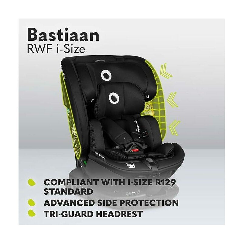 Scaun auto, Lionelo, Bastiaan RWF i-Size, Pozitie de somn, Protectie laterala, Rotire 360 grade, 0-36 Kg, Cu Isofix si Centura Top Tether, Conform cu standardul european de securitate ECE R129, Negru - gogobaby.ro