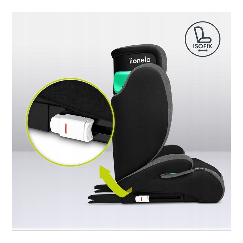 Scaun auto, Lionelo, Hugo i-Size, Universal, Orientare in directia sensului de mers, Reglabil, Conform standardului de securitate R129, 100-150 cm, 4-12 ani, Gri