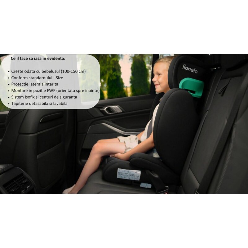 Scaun auto, Lionelo, Hugo i-Size, Universal, Orientare in directia sensului de mers, Reglabil, Conform standardului de securitate R129, 100-150 cm, 4-12 ani, Negru - gogobaby.ro