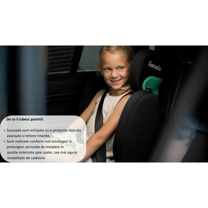 Scaun auto, Lionelo, Hugo i-Size, Universal, Orientare in directia sensului de mers, Reglabil, Conform standardului de securitate R129, 100-150 cm, 4-12 ani, Negru - gogobaby.ro